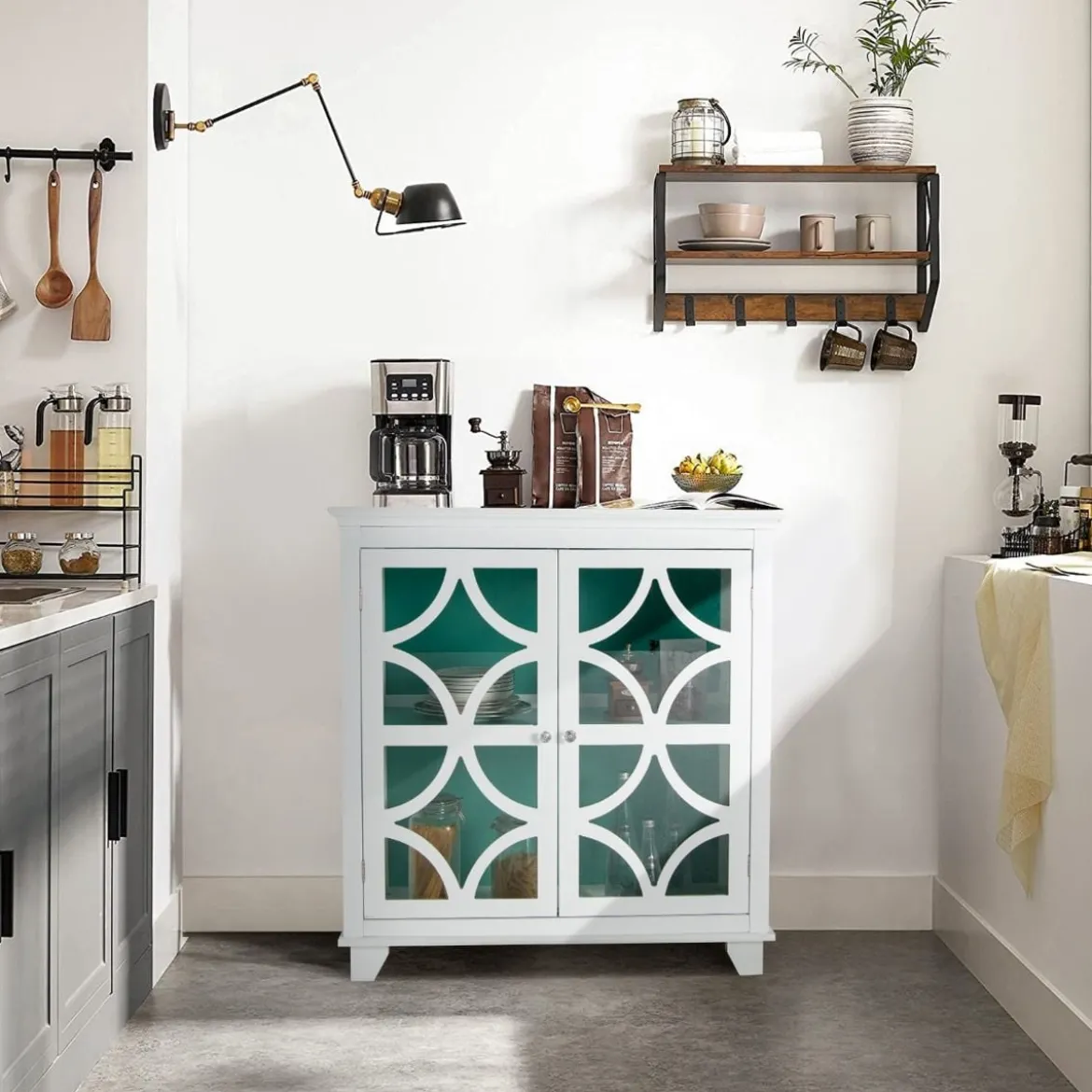 Kommode mit verstellbarem Regal Holz Sideboard mit Glastür Aufbewahrungsschrank für Küche Wohnzimmer Grün