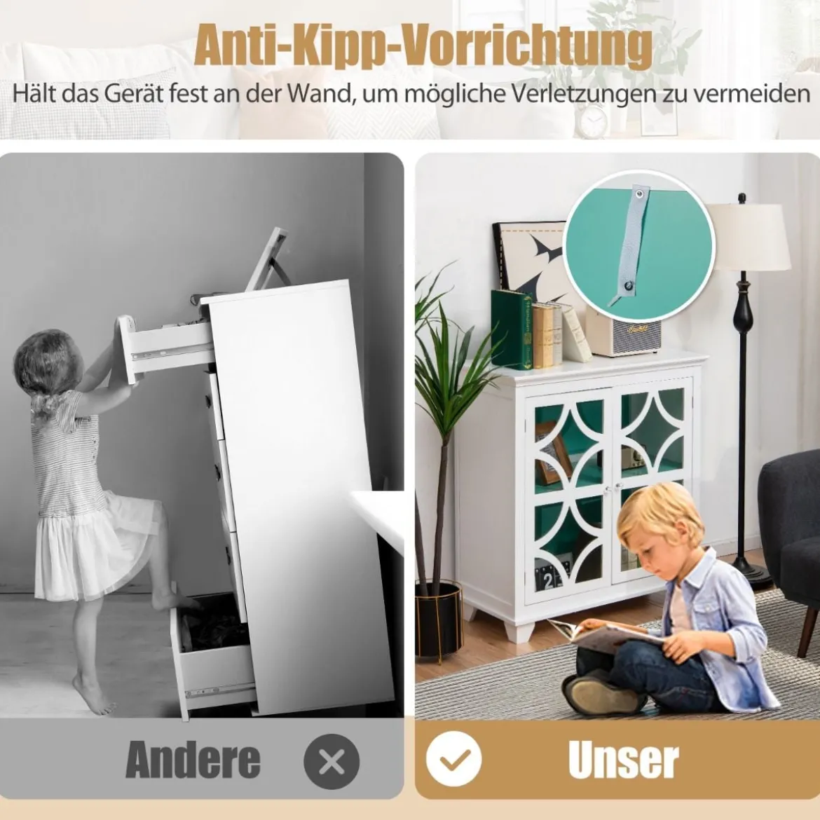 Kommode mit verstellbarem Regal Holz Sideboard mit Glastür Aufbewahrungsschrank für Küche Wohnzimmer Grün