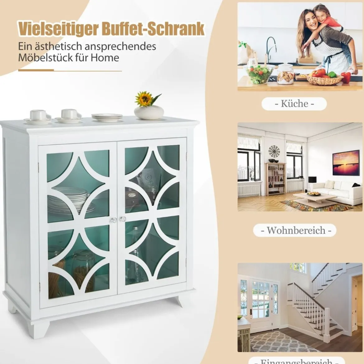 Kommode mit verstellbarem Regal Holz Sideboard mit Glastür Aufbewahrungsschrank für Küche Wohnzimmer Grün