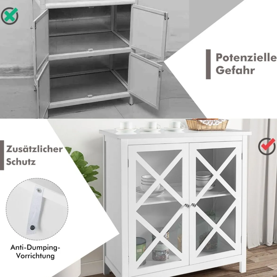 Kommode mit verstellbarem Regal Holz Sideboard mit Glastür Aufbewahrungsschrank für Küche Wohnzimmer