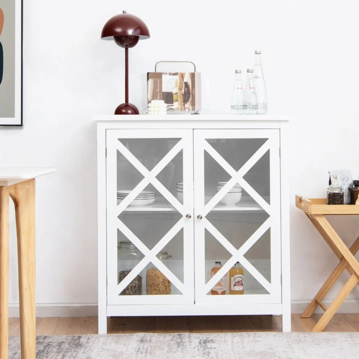 Kommode mit verstellbarem Regal Holz Sideboard mit Glastür Aufbewahrungsschrank für Küche Wohnzimmer