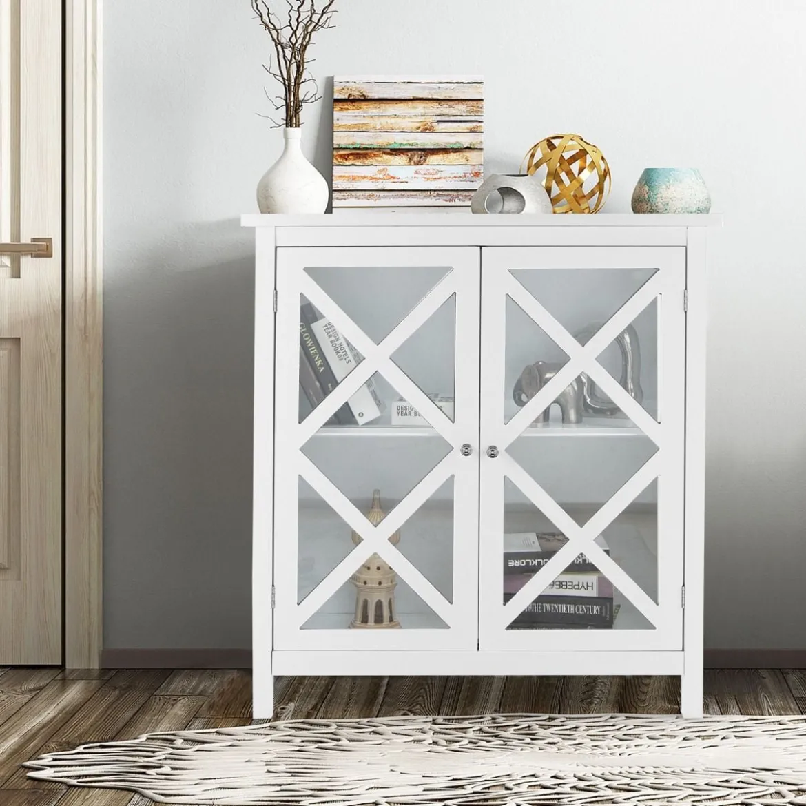Kommode mit verstellbarem Regal Holz Sideboard mit Glastür Aufbewahrungsschrank für Küche Wohnzimmer