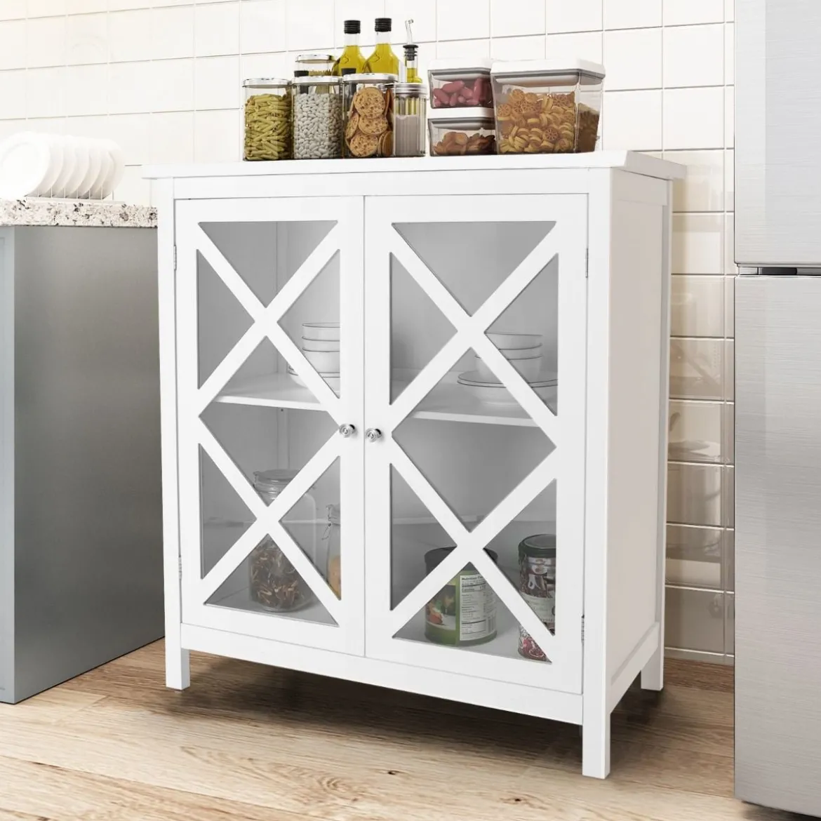 Kommode mit verstellbarem Regal Holz Sideboard mit Glastür Aufbewahrungsschrank für Küche Wohnzimmer