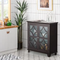 Kommode mit verstellbarem Regal Holz Sideboard mit Glastür Aufbewahrungsschrank für Küche Wohnzimmer Braun