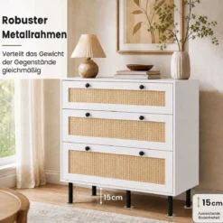 Kommode Schubladenschrank mit 3 Schubladen aus Rattan 75 x 35 x 77,5 cm Weiß
