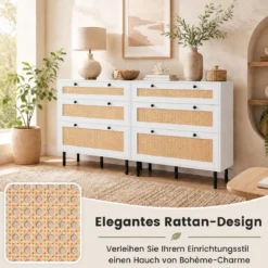 Kommode Schubladenschrank mit 3 Schubladen aus Rattan 75 x 35 x 77,5 cm Weiß