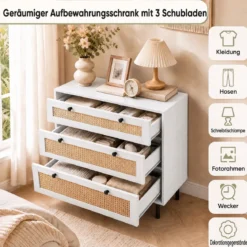 Kommode Schubladenschrank mit 3 Schubladen aus Rattan 75 x 35 x 77,5 cm Weiß