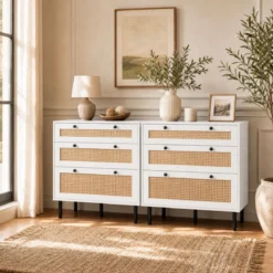Kommode Schubladenschrank mit 3 Schubladen aus Rattan 75 x 35 x 77,5 cm Weiß