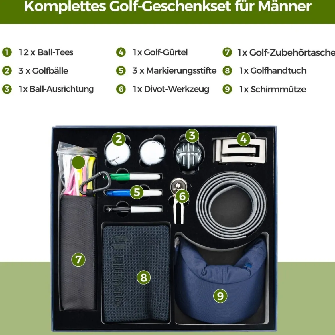 Komplettes Golf Geschenkset für Damen Golf-Zubehör Set mit 3 Golfbällen Golfgeschenk in Geschenkbox