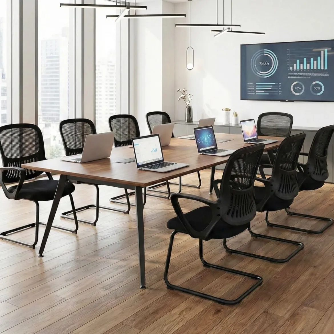Konferenzstühle 2er Set Bürostühle mit atmungsaktivem Netzrücken Aufbewahrungskorb & integrierte Armlehnen Schwarz
