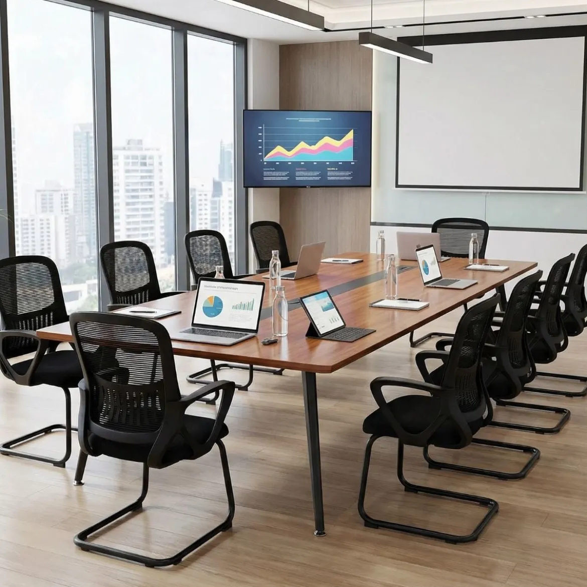 Konferenzstühle 2er Set Bürostühle mit atmungsaktivem Netzrücken Aufbewahrungskorb & integrierte Armlehnen Schwarz