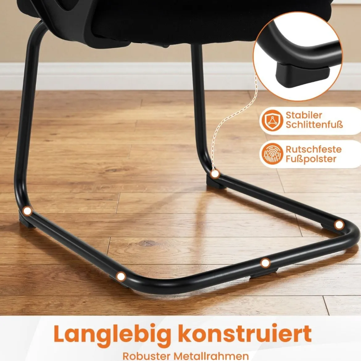 Konferenzstühle 2er Set Bürostühle mit atmungsaktivem Netzrücken Aufbewahrungskorb & integrierte Armlehnen Schwarz