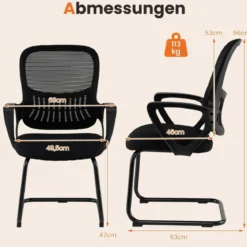 Konferenzstühle 2er Set Bürostühle mit atmungsaktivem Netzrücken Aufbewahrungskorb & integrierte Armlehnen Schwarz