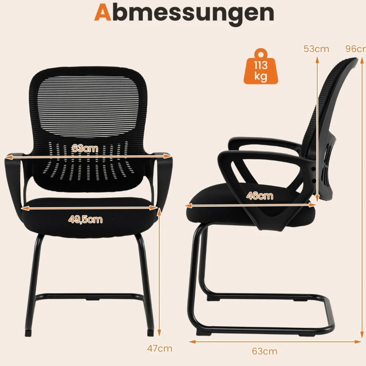 Konferenzstühle 2er Set Bürostühle mit atmungsaktivem Netzrücken Aufbewahrungskorb & integrierte Armlehnen Schwarz