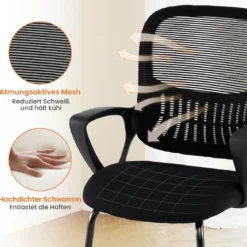 Konferenzstühle 2er Set Bürostühle mit atmungsaktivem Netzrücken Aufbewahrungskorb & integrierte Armlehnen Schwarz