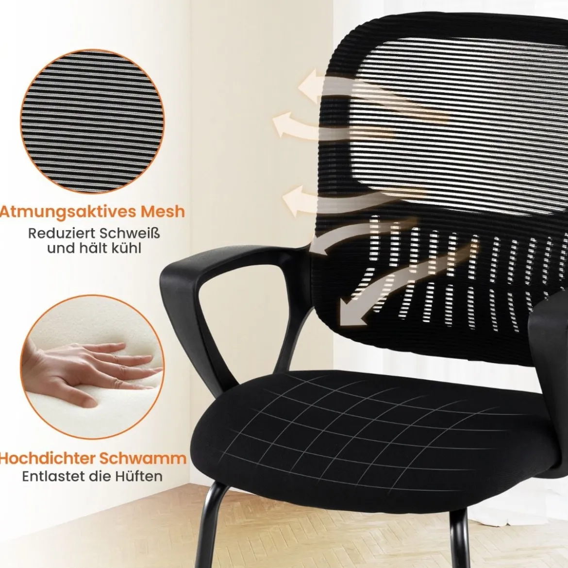 Konferenzstühle 2er Set Bürostühle mit atmungsaktivem Netzrücken Aufbewahrungskorb & integrierte Armlehnen Schwarz