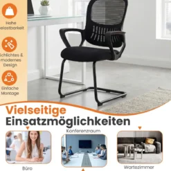 Konferenzstühle 2er Set Bürostühle mit atmungsaktivem Netzrücken Aufbewahrungskorb & integrierte Armlehnen Schwarz