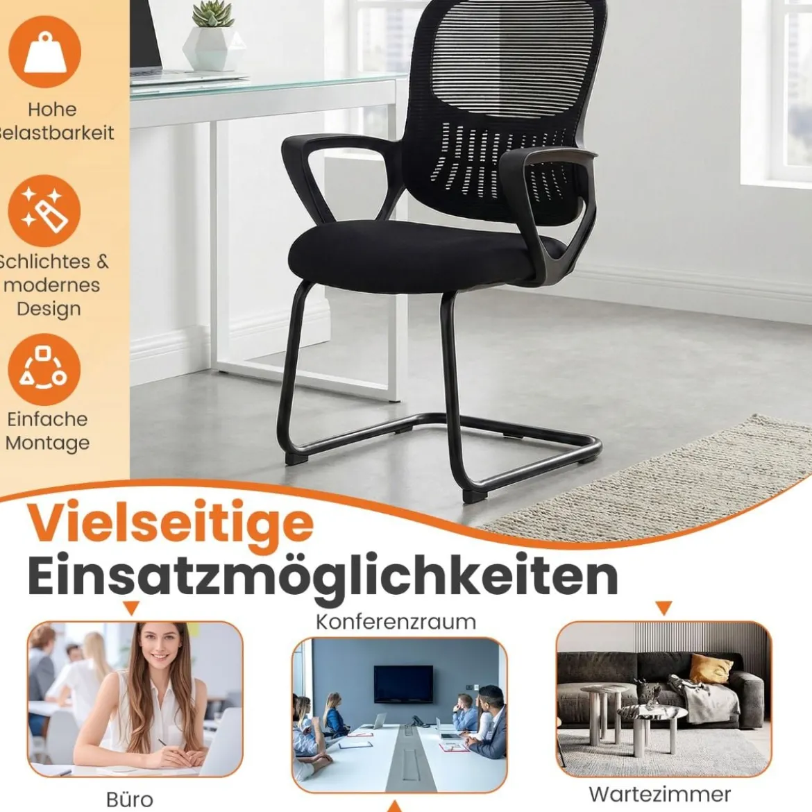 Konferenzstühle 2er Set Bürostühle mit atmungsaktivem Netzrücken Aufbewahrungskorb & integrierte Armlehnen Schwarz