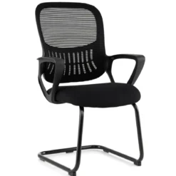 Konferenzstühle 2er Set Bürostühle mit atmungsaktivem Netzrücken Aufbewahrungskorb & integrierte Armlehnen Schwarz