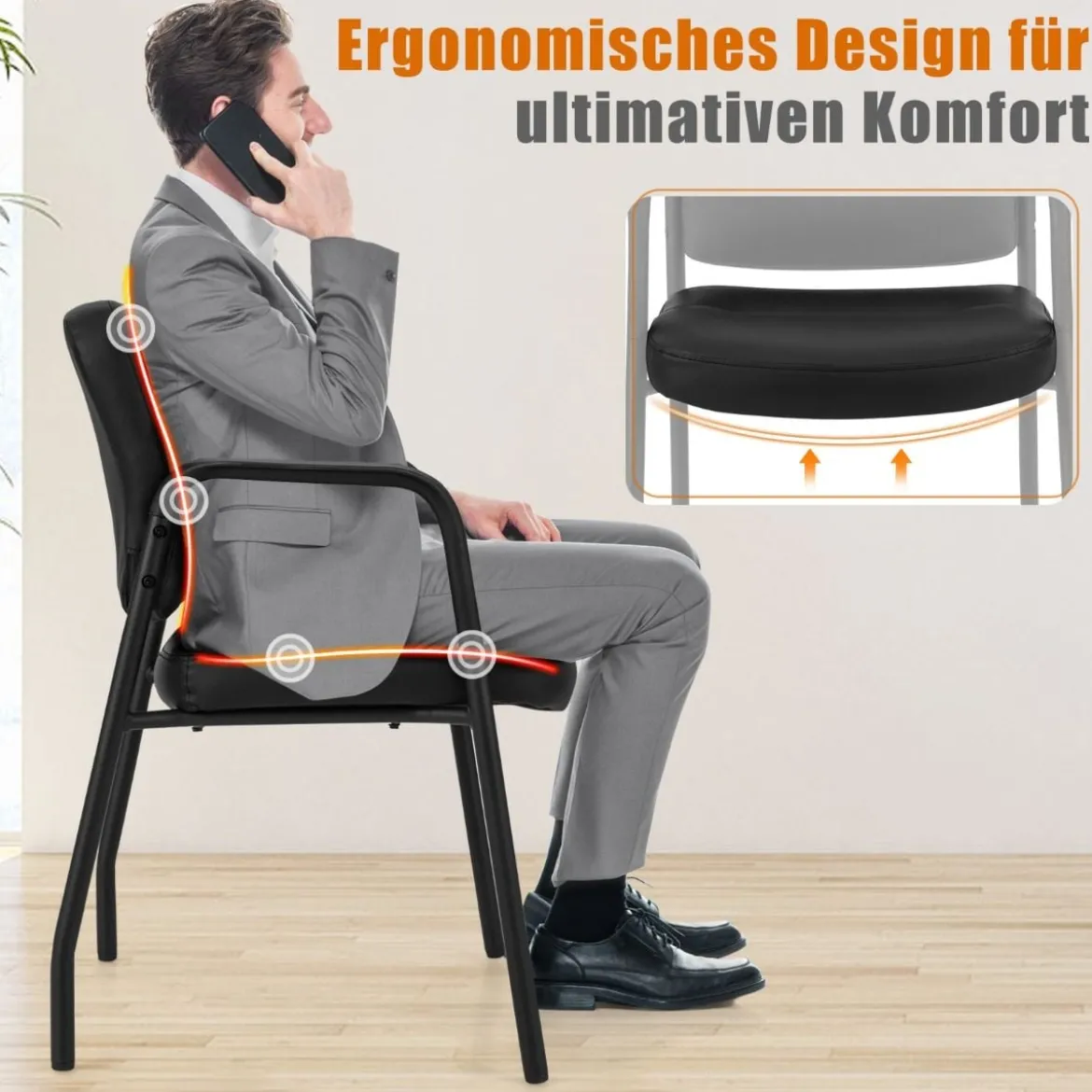 Konferenzstühle 2er Set gepolsterte Besucherstühle mit Armlehnen und Metallrahmen 58 x 56 x 81 cm Schwarz
