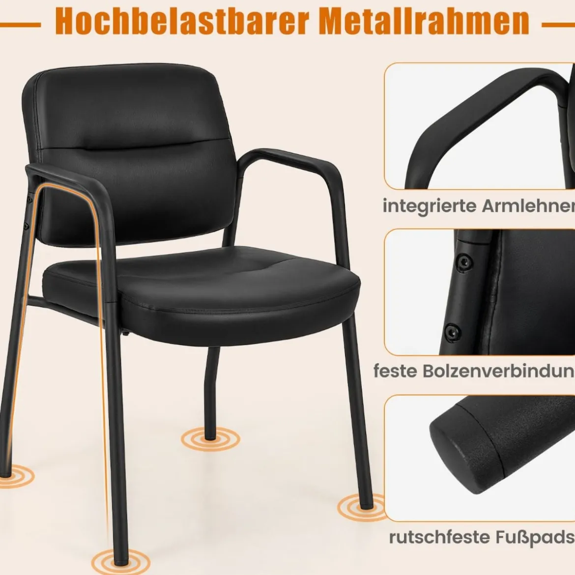 Konferenzstühle 2er Set gepolsterte Besucherstühle mit Armlehnen und Metallrahmen 58 x 56 x 81 cm Schwarz