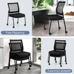 Konferenzstühle 2er Set stapelbare Besucherstühle mit Rollen armlose Stapelstühle für Büro Schwarz