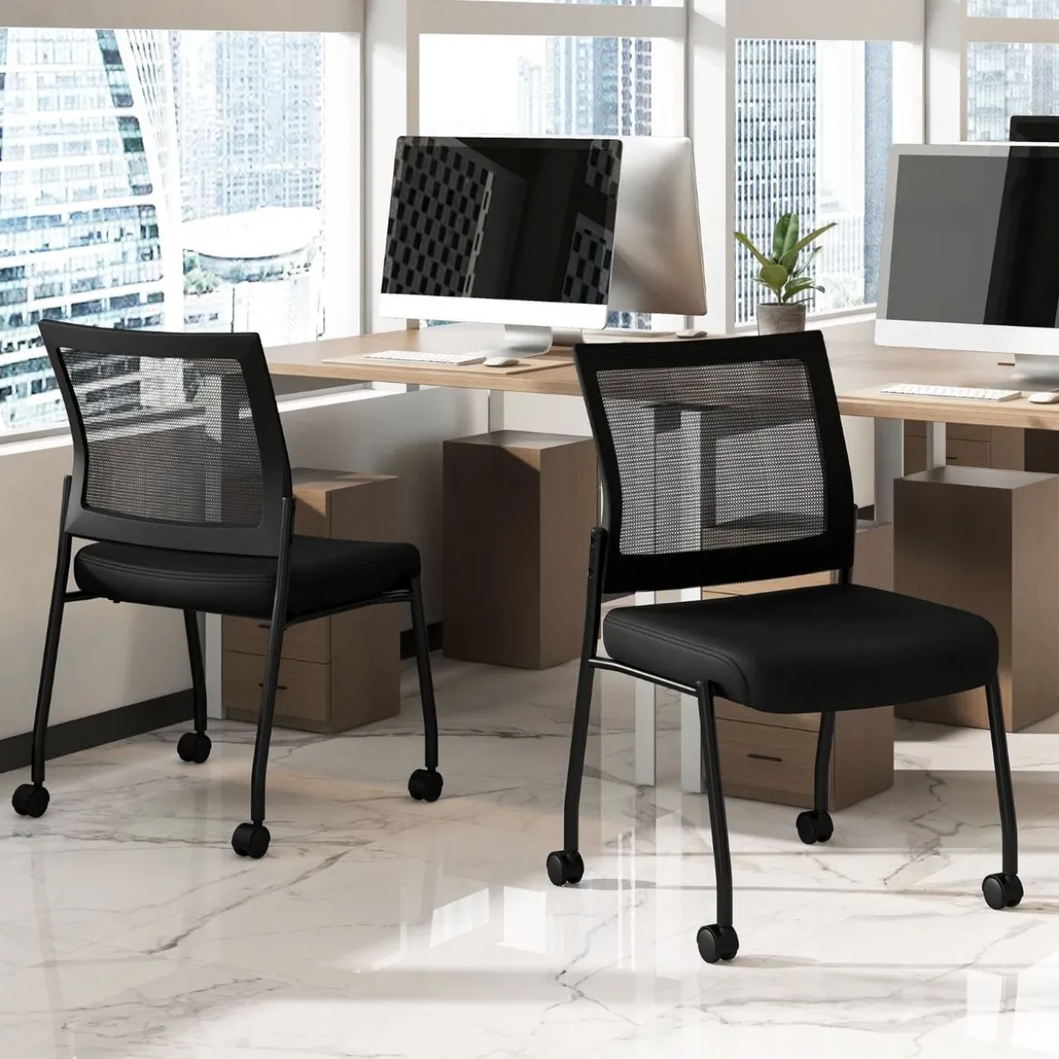 Konferenzstühle 2er Set stapelbare Besucherstühle mit Rollen armlose Stapelstühle für Büro Schwarz
