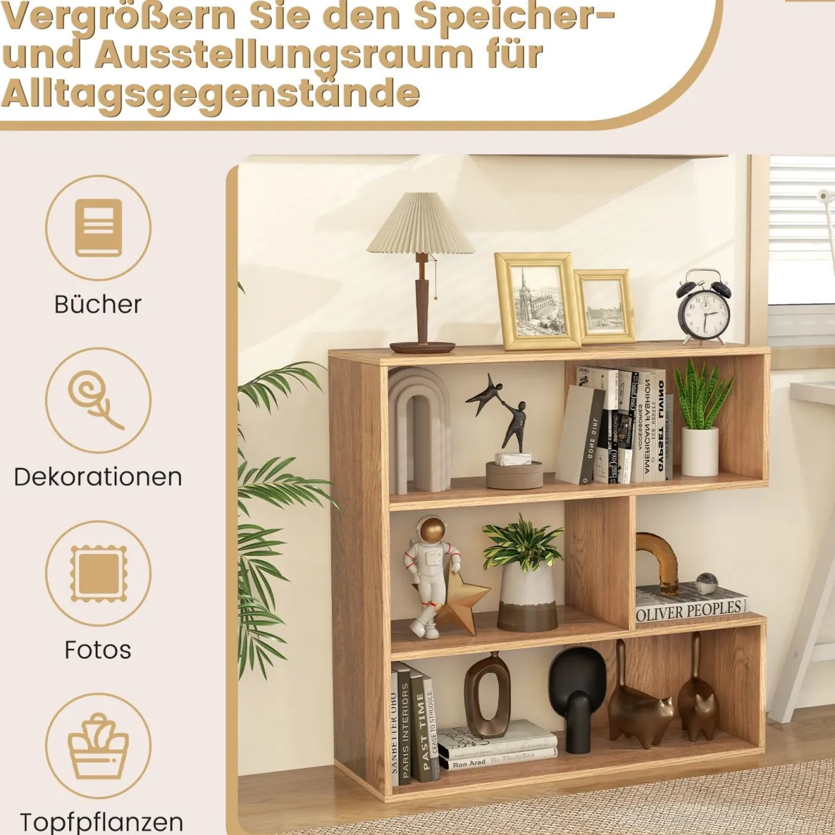 Konkaves Bücherregal mit Kippschutz 3 Ebenen Standregal Holz Raumteiler Regal Natur