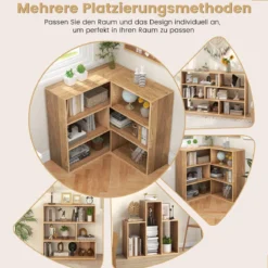 Konkaves Bücherregal mit Kippschutz 3 Ebenen Standregal Holz Raumteiler Regal Natur