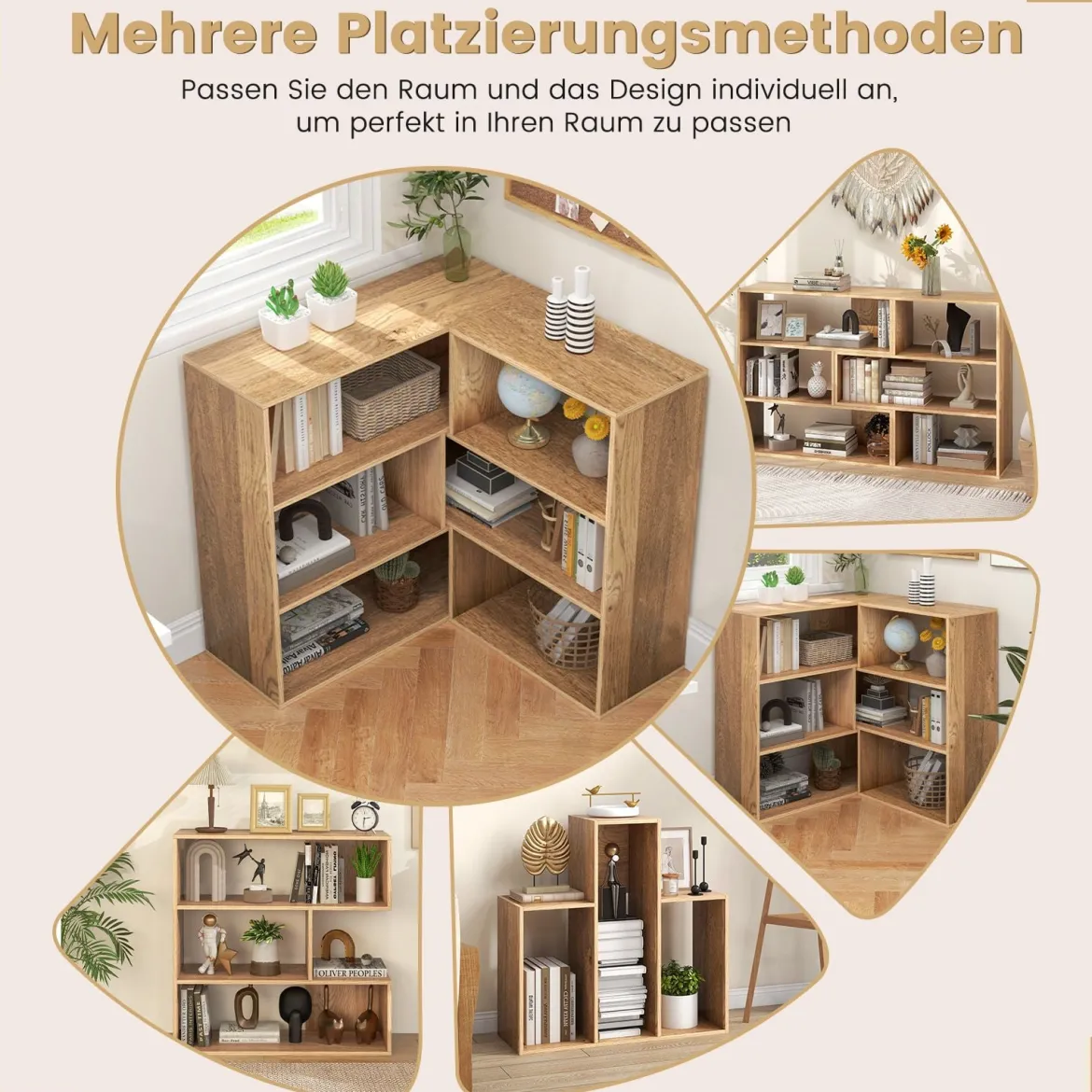 Konkaves Bücherregal mit Kippschutz 3 Ebenen Standregal Holz Raumteiler Regal Natur