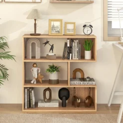 Konkaves Bücherregal mit Kippschutz 3 Ebenen Standregal Holz Raumteiler Regal Natur