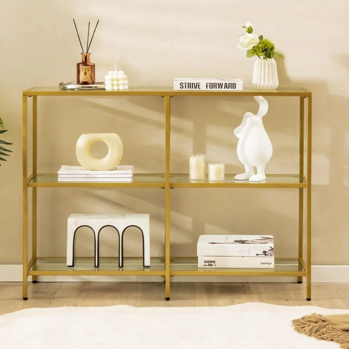 Konsolentisch aus Glas mit 3 Ebenen 100 cm langer Couchtisch Gold