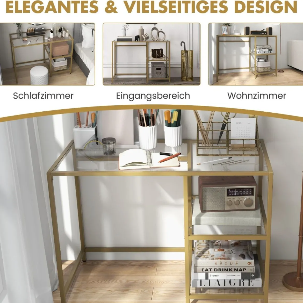 Konsolentisch aus Glas mit 2 Regalen & Metallgestell Sofatisch 106 x 51 x 76 cm Gold