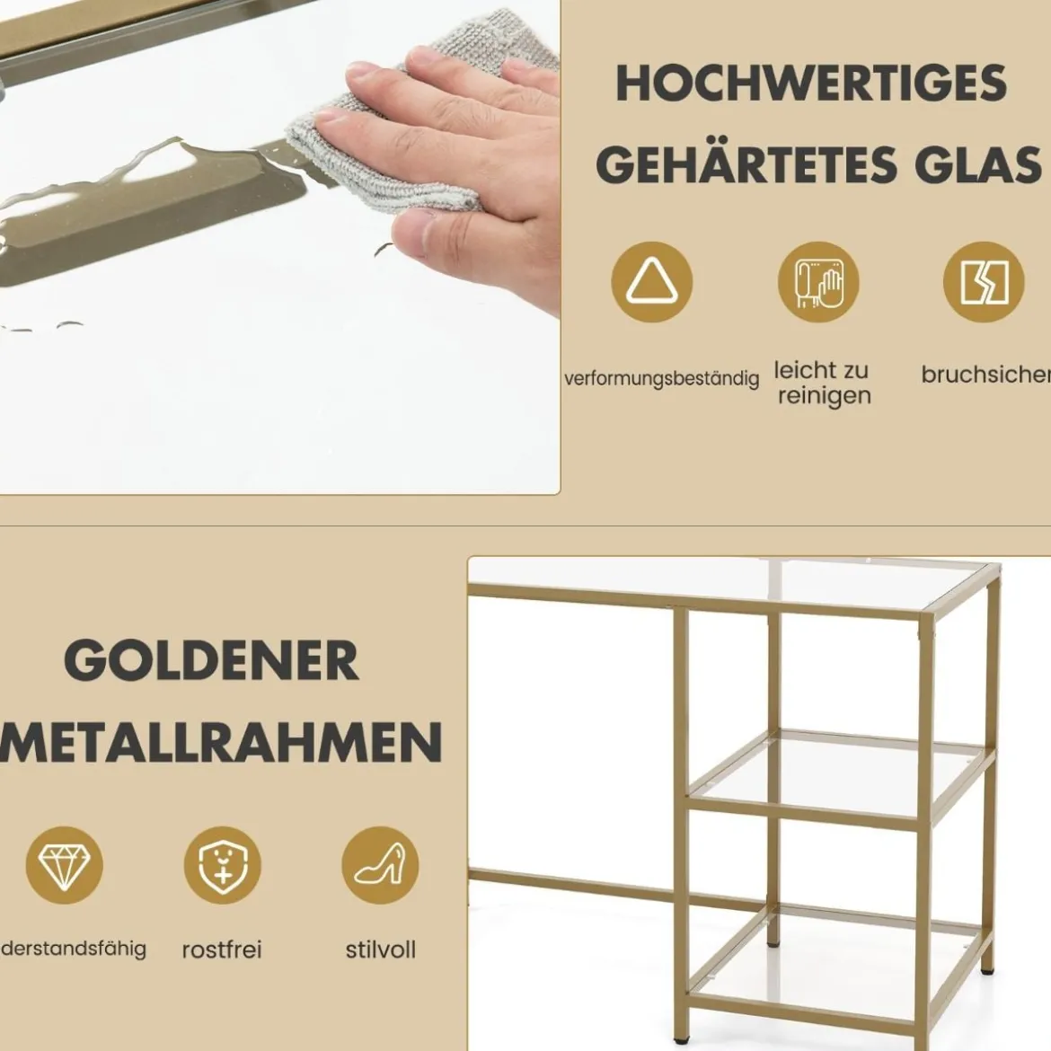 Konsolentisch aus Glas mit 2 Regalen & Metallgestell Sofatisch 106 x 51 x 76 cm Gold
