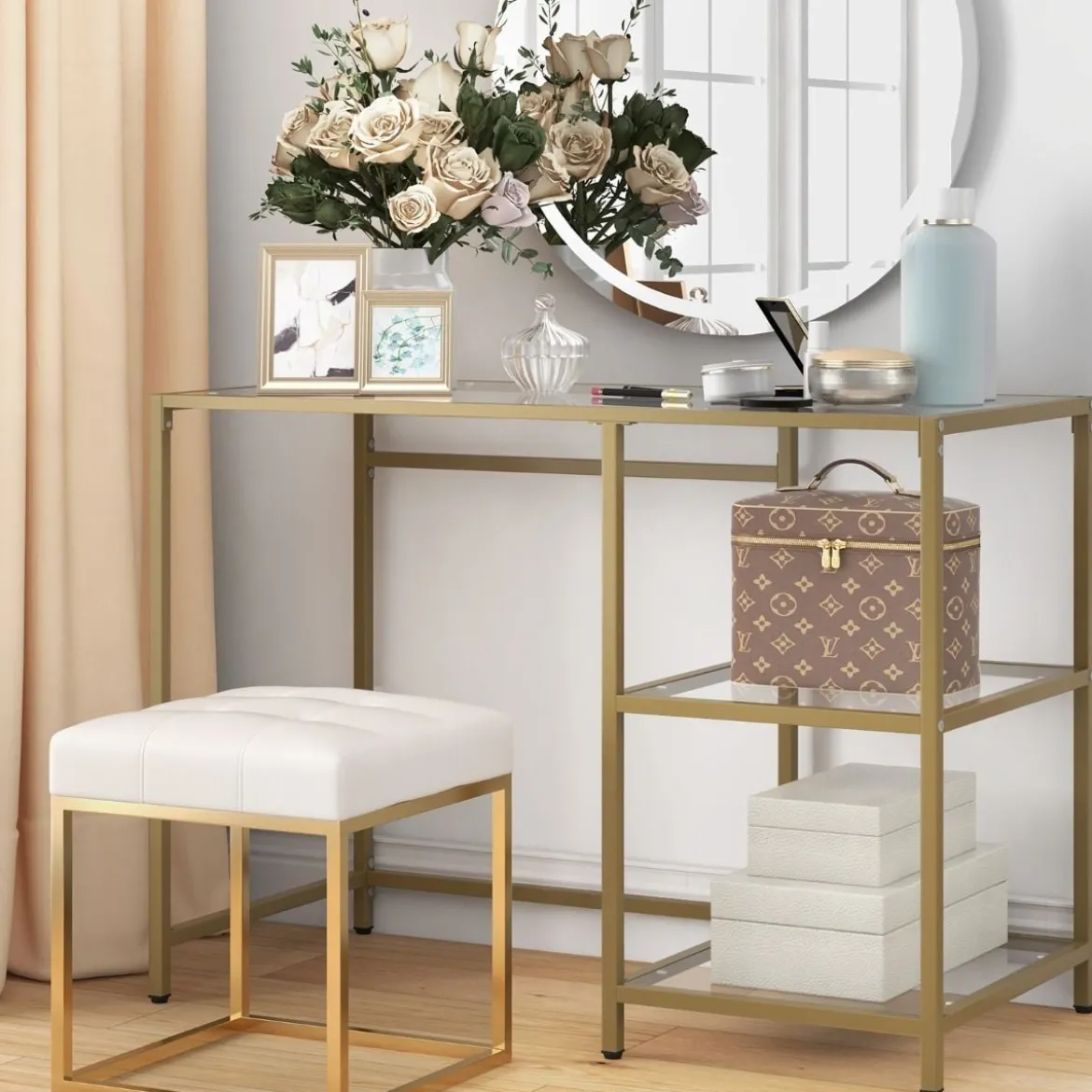 Konsolentisch aus Glas mit 2 Regalen & Metallgestell Sofatisch 106 x 51 x 76 cm Gold