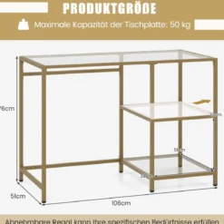 Konsolentisch aus Glas mit 2 Regalen & Metallgestell Sofatisch 106 x 51 x 76 cm Gold