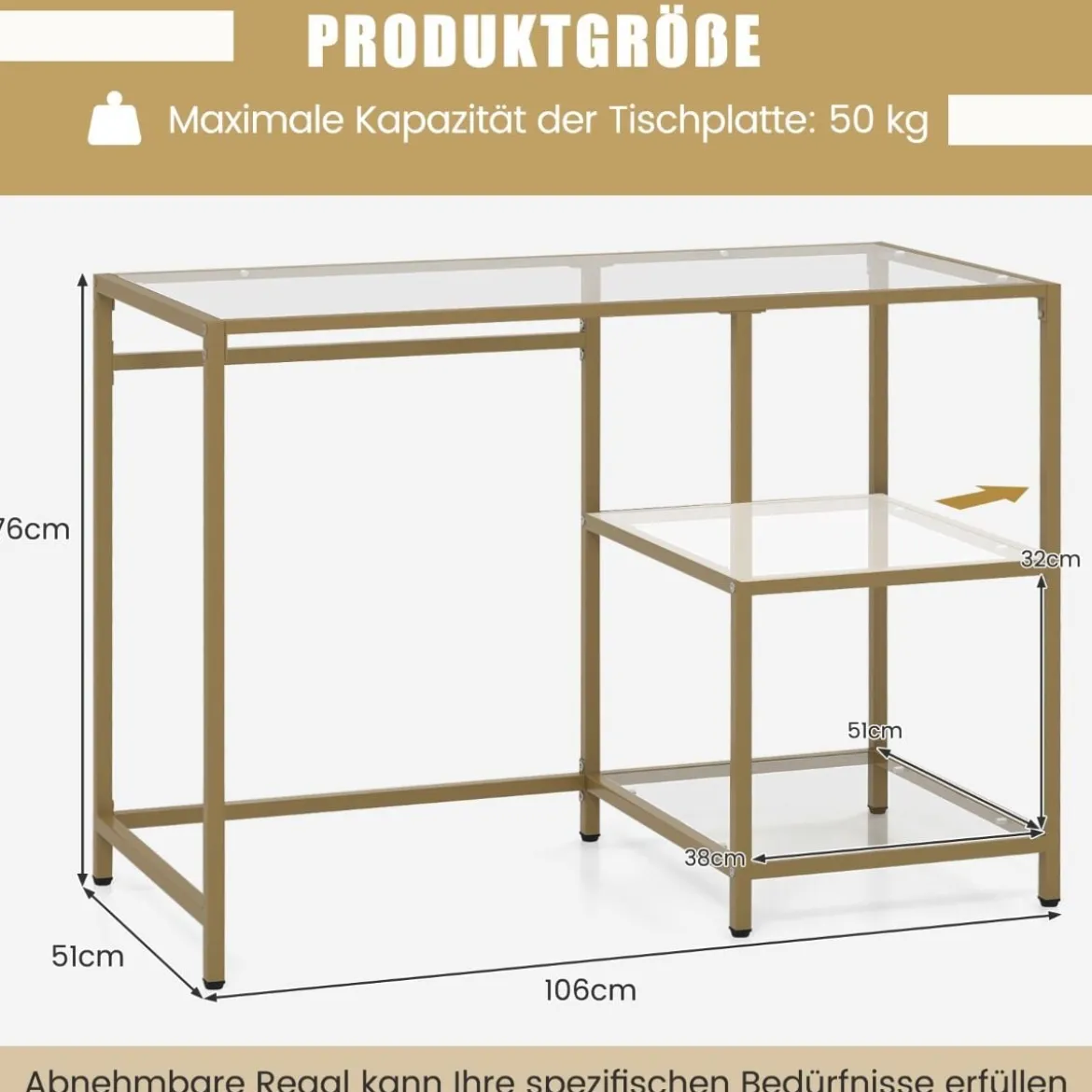Konsolentisch aus Glas mit 2 Regalen & Metallgestell Sofatisch 106 x 51 x 76 cm Gold