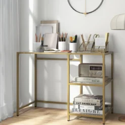 Konsolentisch aus Glas mit 2 Regalen & Metallgestell Sofatisch 106 x 51 x 76 cm Gold