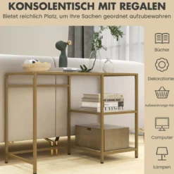 Konsolentisch aus Glas mit 2 Regalen & Metallgestell Sofatisch 106 x 51 x 76 cm Gold