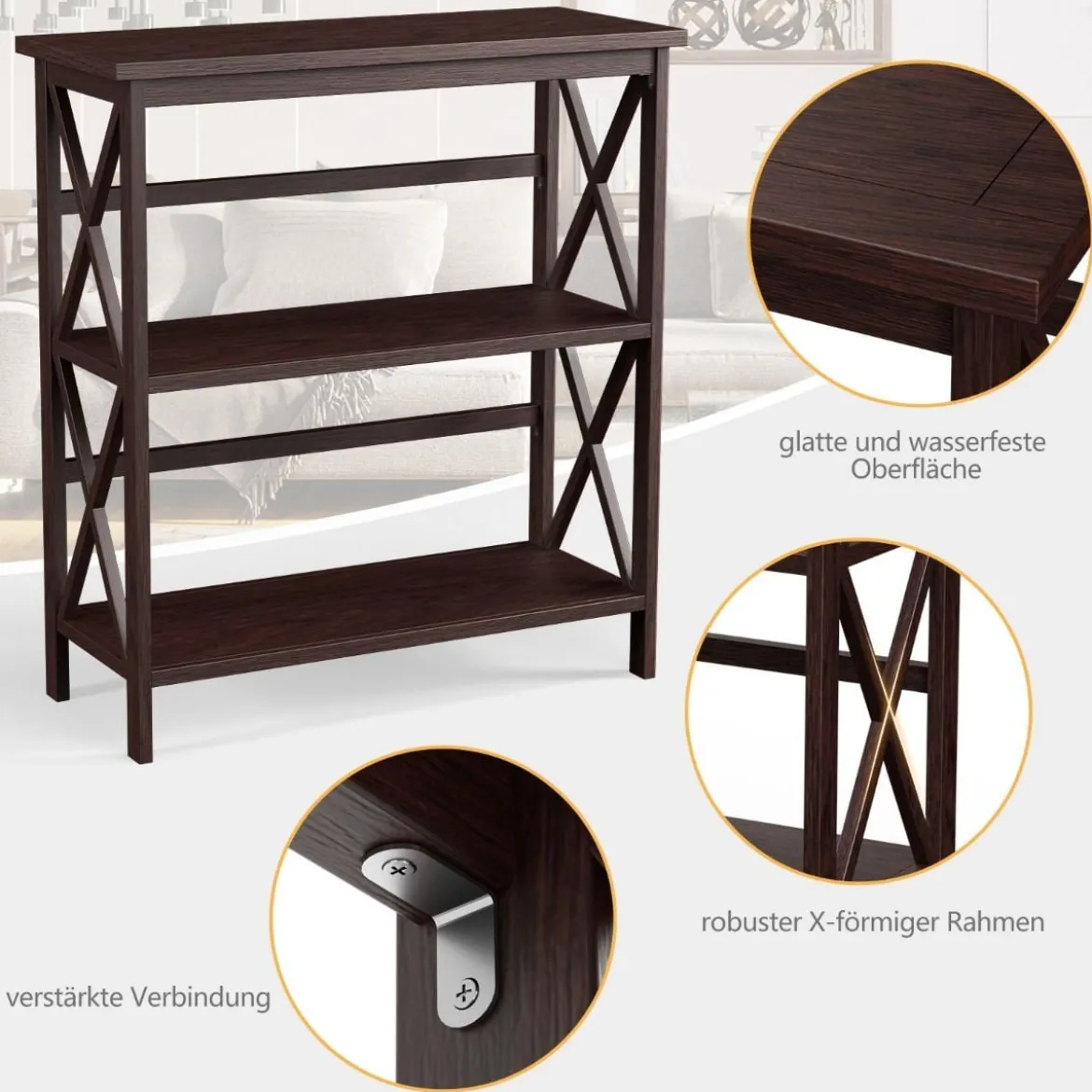 Konsolentisch aus Holz mit Kippschutz & Stabilem Rahmen Moderner Beistelltisch 79 x 32 x 86 cm Kaffee
