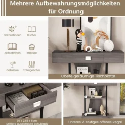 Konsolentisch aus Holz mit Schubladen & Metallrahmen & 2 Ablagen & Kippschutz Grau