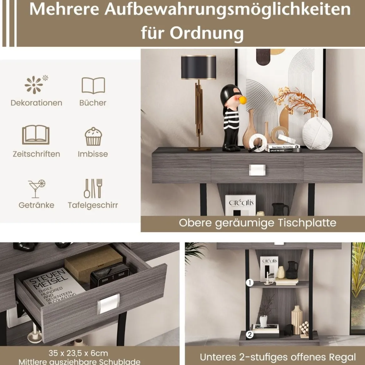 Konsolentisch aus Holz mit Schubladen & Metallrahmen & 2 Ablagen & Kippschutz Grau