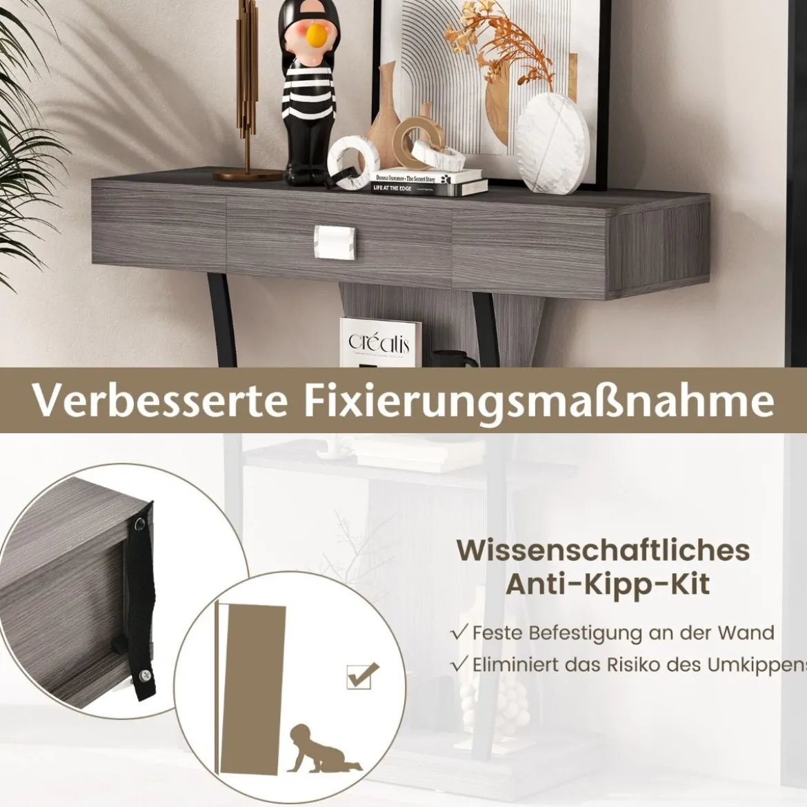 Konsolentisch aus Holz mit Schubladen & Metallrahmen & 2 Ablagen & Kippschutz Grau