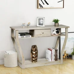 Konsolentisch aus Holz mit Schublade & Regal Eingangstisch Beistelltisch 120 x 30 x 81 cm Grau