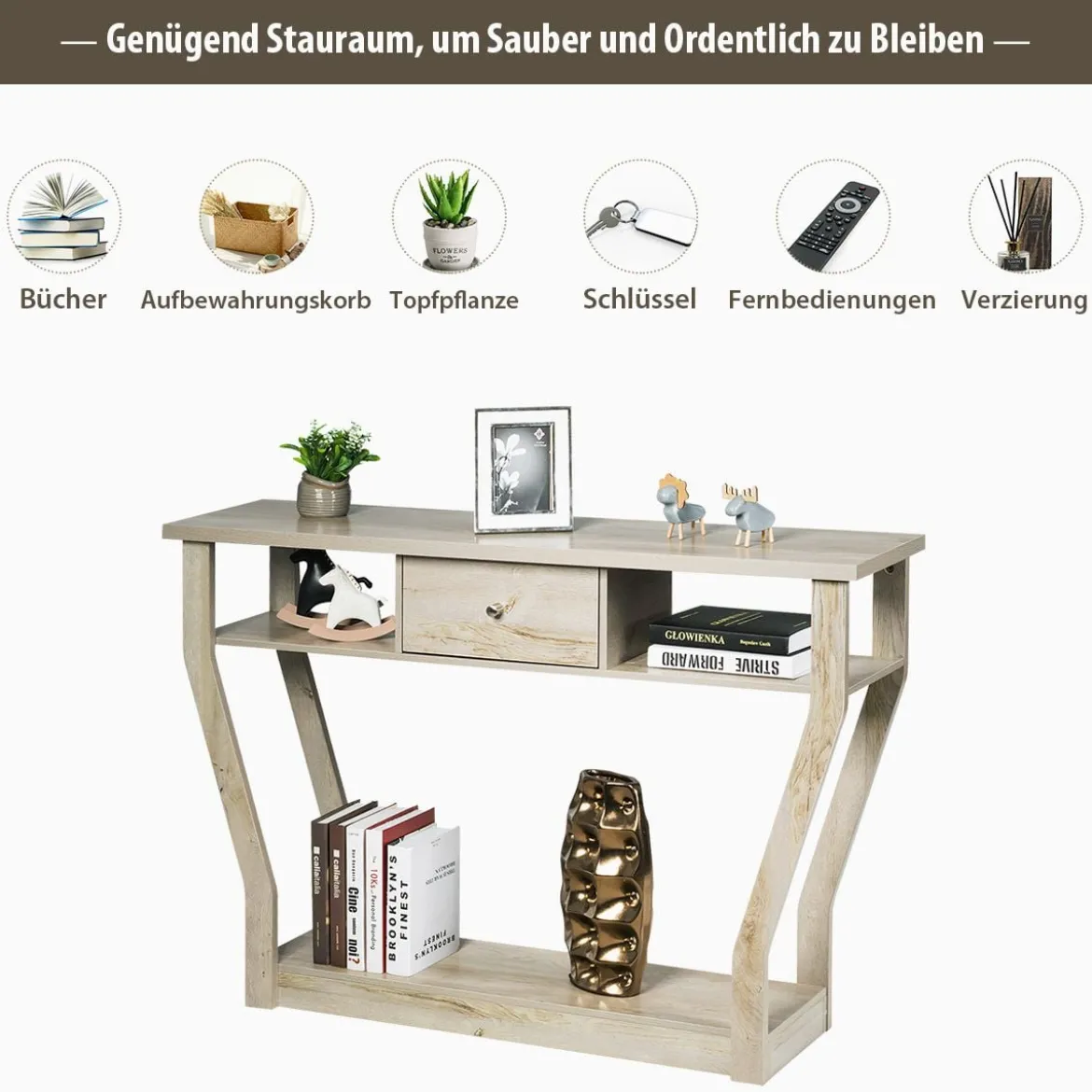 Konsolentisch aus Holz mit Schublade & Regal Eingangstisch Beistelltisch 120 x 30 x 81 cm Grau