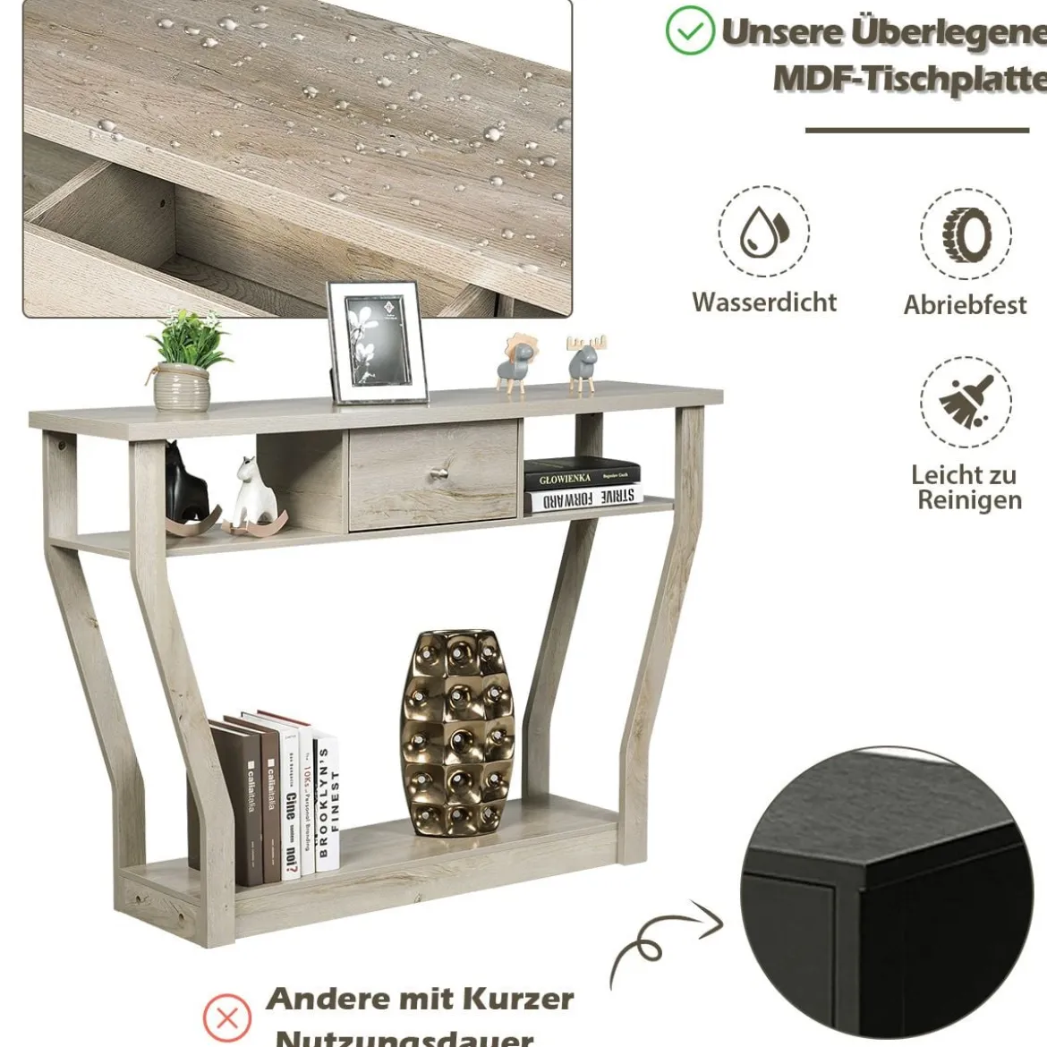 Konsolentisch aus Holz mit Schublade & Regal Eingangstisch Beistelltisch 120 x 30 x 81 cm Grau