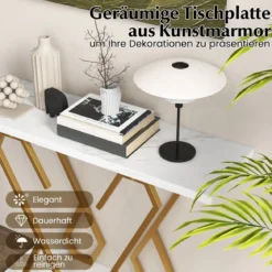 Konsolentisch aus Kunstmarmor Foyertisch mit Verstellbaren Fußpolstern Weiß und Gold