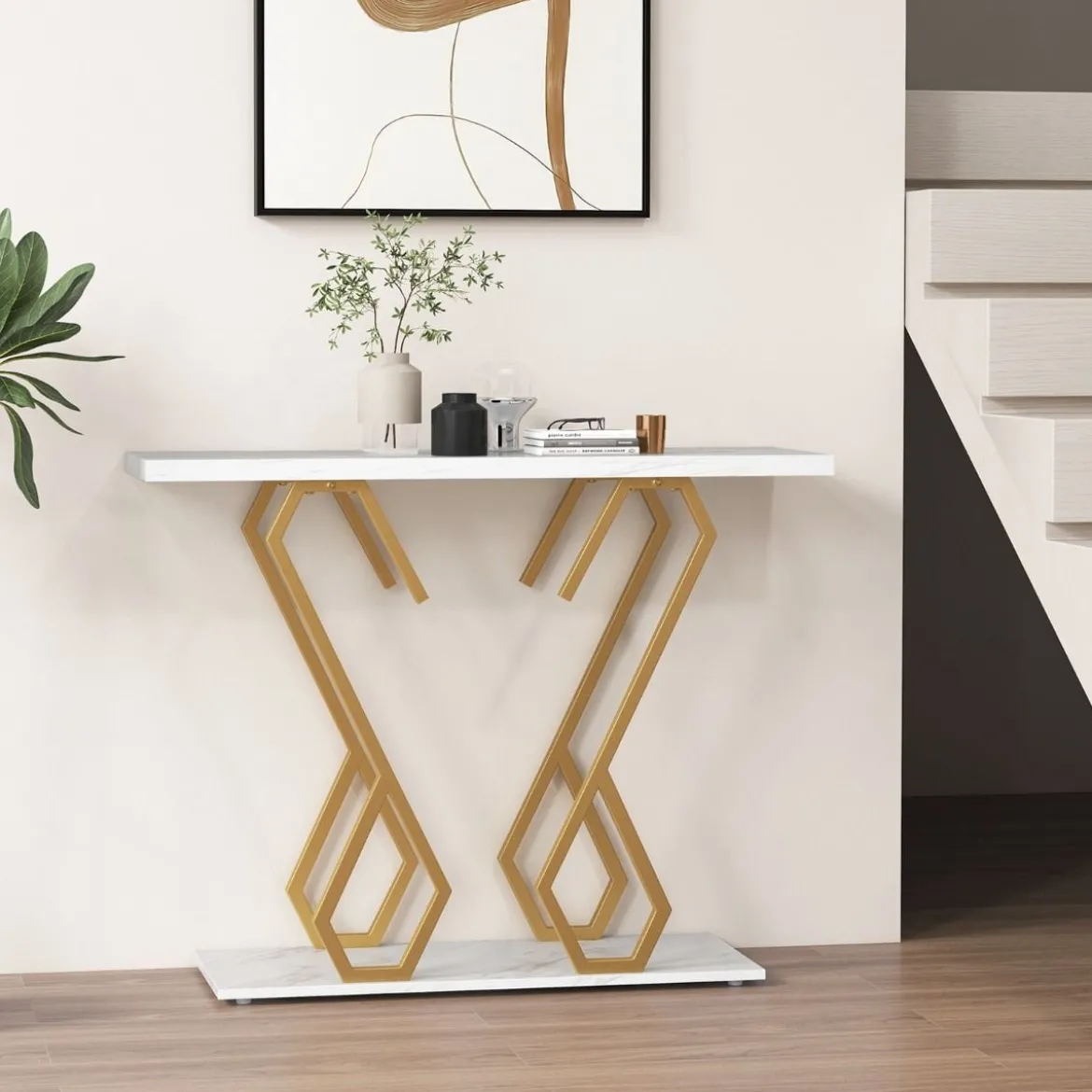 Konsolentisch aus Kunstmarmor Foyertisch mit Verstellbaren Fußpolstern Weiß und Gold