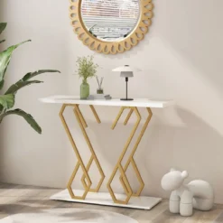Konsolentisch aus Kunstmarmor Foyertisch mit Verstellbaren Fußpolstern Weiß und Gold