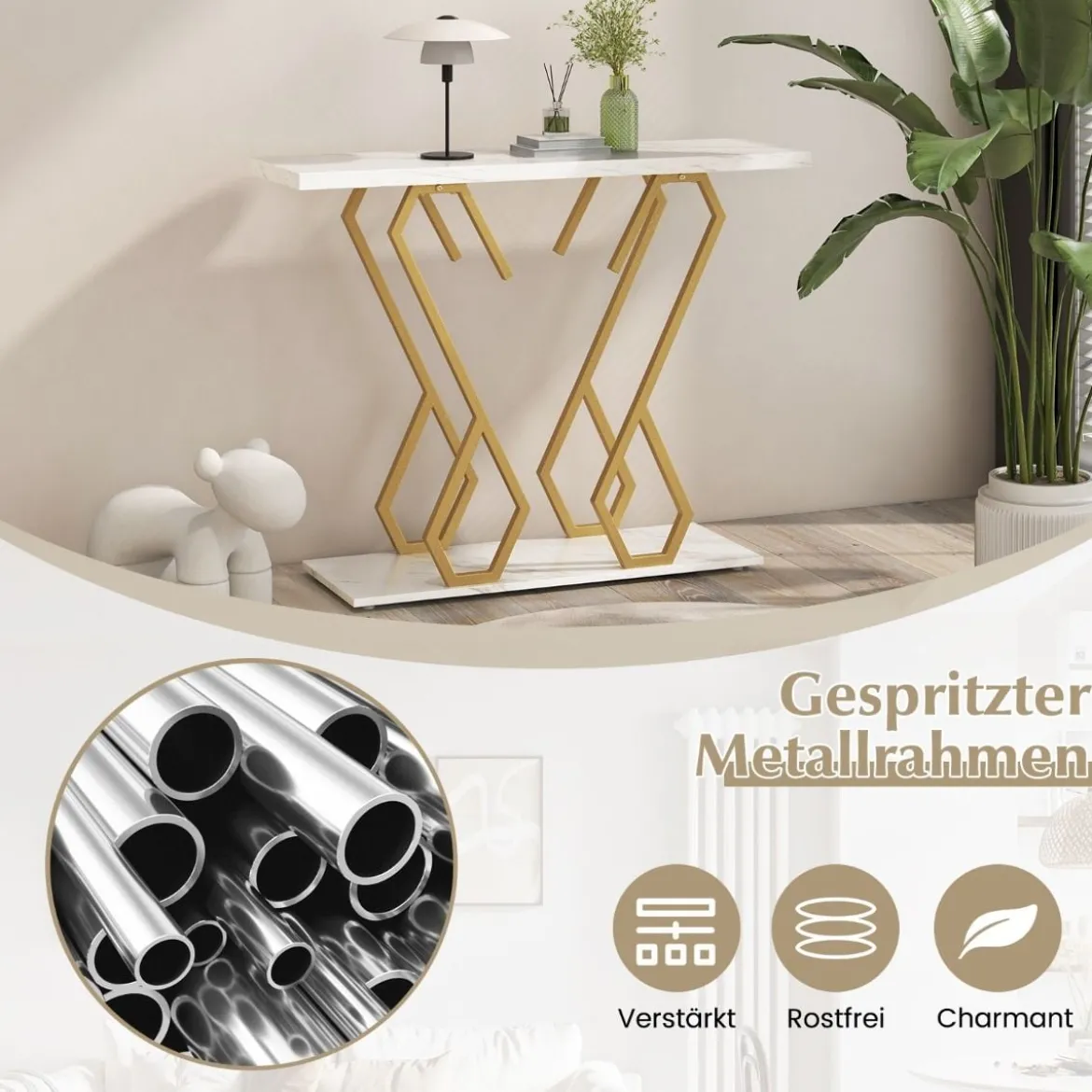 Konsolentisch aus Kunstmarmor Foyertisch mit Verstellbaren Fußpolstern Weiß und Gold
